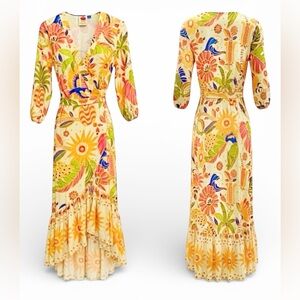 Farm Rio by Anthropologie Wrap Ruffled Hem Multicolor Floral High Low Dress M